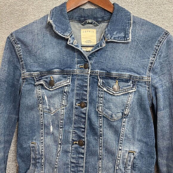Esprit Jean Jacket Womens Size S Blue Button Up Distressed Long Sleeve Cotton - Picture 3 of 14